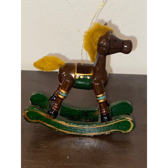 Vintage Russ Wooden Rocking Horse Miniature Ornament With Yellow Mane & Tail - Picture 5 of 8